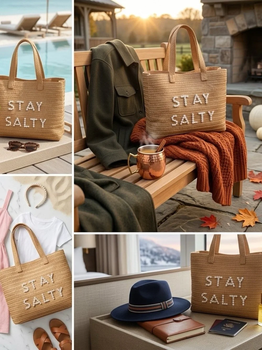 Urban Expressions Natural Straw Tote with Pearl 'STAY SALTY' Accent